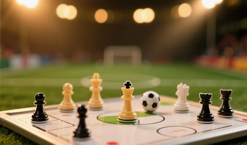 足球战术板上摆放着精致的磁铁棋子,背景是温暖的灯光与模糊的绿茵场